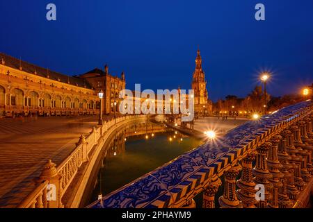 Legendary view of famous Plaza de Espana. Spanish square in the centre of old but magnificent Seville, Spain. Unique moorish architecture. Stock Photo