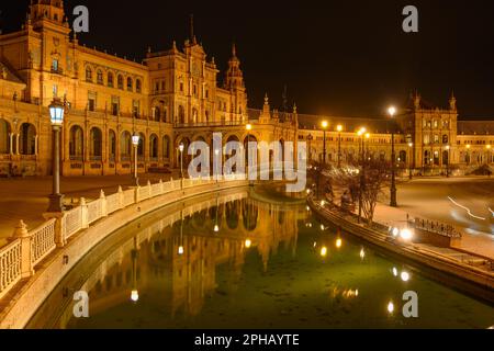 Legendary view of famous Plaza de Espana. Spanish square in the centre of old but magnificent Seville, Spain. Unique moorish architecture. Stock Photo