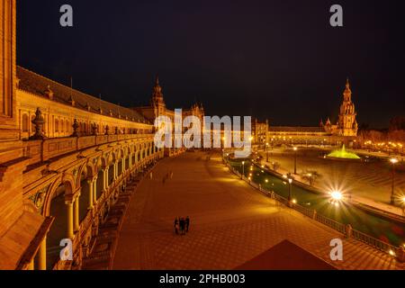 Legendary view of famous Plaza de Espana. Spanish square in the centre of old but magnificent Seville, Spain. Unique moorish architecture. Stock Photo