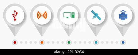 Technology icon set, miscellaneous pointer icons such as usb, wifi, computer, satellite and printer for webdesign and mobile applications, flat design Stock Vector