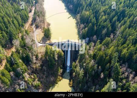 Aerial view of the Alder Dam and Nisqually River in the Cascade Mountains of Washington State Stock Photo