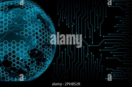 globe hologram blue network circuit board planet earth. Abstract technology background with planet Earth and circuit board. Stock Photo