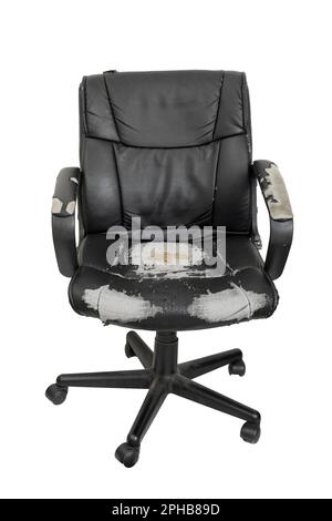 Office chair old and worn by use, on a white background. front view Stock Photo