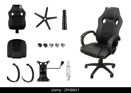 Set of pieces of a gamer chair and a chair assembled on one side, with a white background Stock Photo