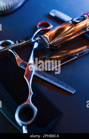 Close up view of vintage barber shop tools that lying down on the table Stock Photo