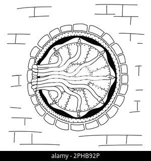 Entrance to the Chamber of Secrets. Magically enhanced door with sliding snake locks. Vector illustration in doodle outline style isolated on white ba Stock Vector