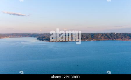 Aerial view of Annas Bay in Washington State at sunset Stock Photo