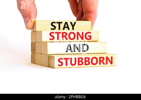 Stay strong and stubborn symbol. Concept words Stay strong and stubborn on wooden block. Beautiful white table white background. Motivational business Stock Photo