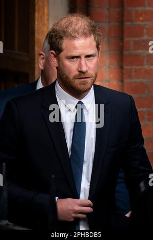 The Duke of Sussex leaves the Royal Courts Of Justice, central London, following a hearing claim over allegations of unlawful information gathering brought against Associated Newspapers Limited (ANL) by seven people - the Duke of Sussex, Baroness Doreen Lawrence, Sir Elton John, David Furnish, Liz Hurley, Sadie Frost and Sir Simon Hughes. Picture date: Monday March 27, 2023. Stock Photo
