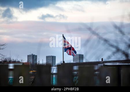 The Union and St George Flag fly over a allotment on Wearside.  The City of Sunderland.   A new regional mayor is set to be elected in May 2024 under a £4.2bn devolution deal for the North East.. The figurehead would lead a mayoral combined authority stretching across Northumberland, Tyne and Wear, and County Durham.  The current North of Tyne mayor is Jamie Driscoll. Stock Photo