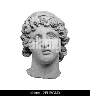 Antique terracotta head of greek youth isolated on white background, front view ancient man portrait Stock Photo