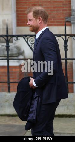 London, UK. 27th Mar, 2023. Prince Harry departs The Royal Courts of Justice after attending a lawsuit against Associated Newspapers in London on Monday, March 27, 2023.The hearing is expected to last for four days. Other claimants include Hugh Grant, Elton John and Liz Hurley etc. Photo by Hugo Philpott/UPI Credit: UPI/Alamy Live News Stock Photo