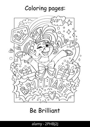 Cute joyful unicorn with gifts and lettering be brilliant. Cartoon ...