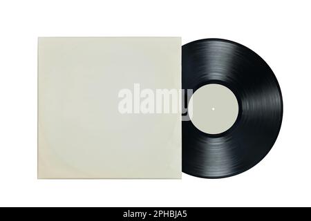 Vinyl record in white paper case. Mockup vinyl envelope. Music album sleeve. Music vintage style. Classic audio. Analog sound. Black disk. Old technol Stock Photo