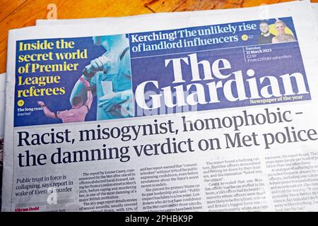 'Racist, misogynist, homophobic - the damning verdict on Met police' Guardian newspaper headline 21 March 2023 London England UK Great Britain Stock Photo
