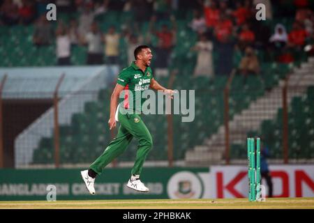 Taskin Ahmed celebrates one of his four wickets as Bangladesh win against Ireland by 22 runs (DLS method) in the first T20I of the three-match series Stock Photo