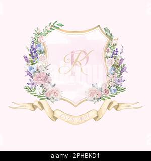 Painted wedding monogram PK initial watercolor floral crest. Watercolor light pink carnation, lavender flower frame vector illustration template. Stock Vector