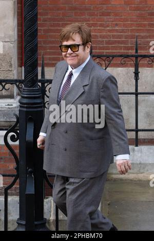 London, UK. 27th Mar, 2023. 27th March 2023, London, Sir Elton John leaves the Royal Courts of Justice, Britain's High Court in London, after a hearing claim over allegations of unlawful information gathering brought against publisher Associated Newspaper Limited (ANL). Sir Elton John is sueing ANL alongside Prince Harry, David Furnish, Liz Hurley, Sadie Frost, Former Liberal Democrat MP Sir Simon Hughes and Baroness Doreen Lawerence. Credit: Lucy North/Alamy Live News Stock Photo