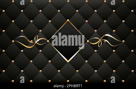 Black leather upholstery with gold buttons. Gold Ribbon frame Stock Vector