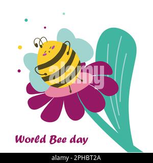 A cute plump bee sleeps on a flower. World Bee Day. Cartoon character. For postcard, invitation or design. Flat vector illustration Stock Vector