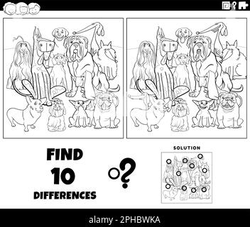 Black and white cartoon illustration of finding the differences between pictures educational game with purebred dogs animal characters coloring page Stock Vector