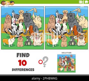 Cartoon illustration of finding the differences between pictures educational game with purebred dogs animal characters Stock Vector