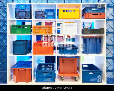 Plastic boxes for transportation of goods and trade on showcase Stock Photo