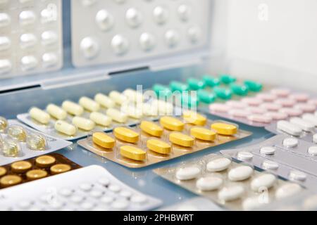 Pills in plastic blisters in a store Stock Photo