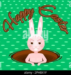 Cute bunny bathing in a meadow hole with chocolate and happy eastern text message. Easter rabbit background. Vector illustration Stock Vector