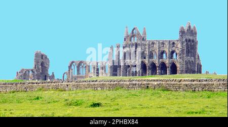 A classic view of Whitby Abbey ruins, Yorkshire, UK, from the south.east. Stock Photo