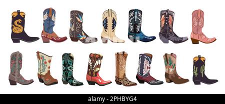 Set of various cowboy boots vector isolated. Stock Vector