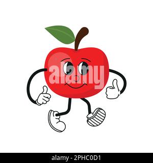 Retro cartoon fruit apple character. Modern illustration with cute comics characters. Hand drawn doodles of comic character. Trendy cartoon style. 70s Stock Vector