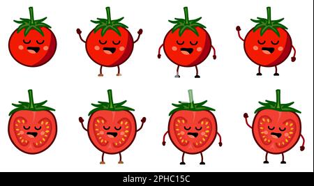 Cute kawaii style red tomato icon, whole and halved. Version with hands raised, down and waving Stock Vector