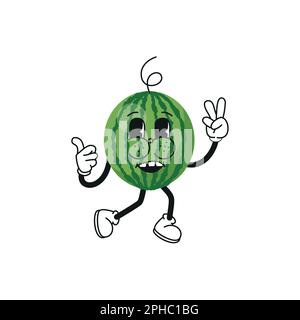 Retro cartoon stickers with funny comic characters and gloved hands. Watermelon with happy cheerful facial expressions. Groovy fruits. Groovy, y2k, 70 Stock Vector
