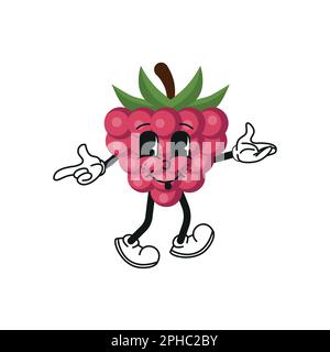 Retro cartoon fruit raspberries character. Modern illustration with cute comics characters. Hand drawn doodles of comic character. Trendy cartoon styl Stock Vector