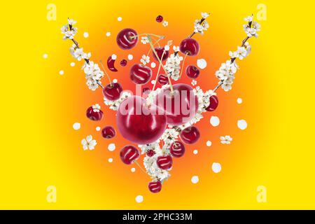 flowering tree and cherries on orange background Stock Photo