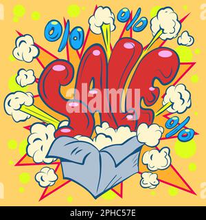 A red inscription sale with special effects explodes from a gray box. Announcement of explosive promotions, offers, discounts. Stock Vector