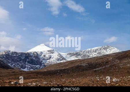 Foinaven (Scottish Gaelic: Foinne Bheinn) is a mountain in Scotland, situated in the far north-west corner of the Scottish Highlands. Stock Photo