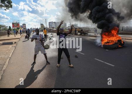 Nairobi, Kenya. 27th Mar, 2023. Protestors chant slogans during a demonstration called by Azimio party leader Raila Odinga over the cost of living and president William Ruto's administration. Credit: SOPA Images Limited/Alamy Live News Stock Photo