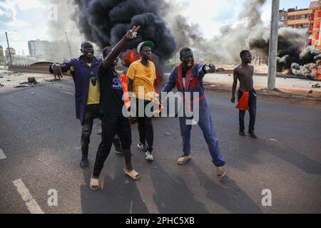 Nairobi, Kenya. 27th Mar, 2023. Protestors chant slogans during a demonstration called by Azimio party leader Raila Odinga over the cost of living and president William Ruto's administration. Credit: SOPA Images Limited/Alamy Live News Stock Photo