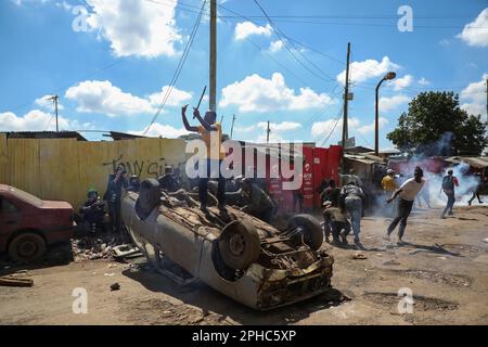 Nairobi, Kenya. 27th Mar, 2023. A protestor gestures during a demonstration called by Azimio party leader Raila Odinga over the cost of living and president William Ruto's administration. Credit: SOPA Images Limited/Alamy Live News Stock Photo