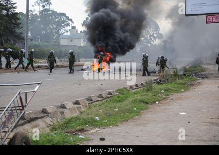 Nairobi, Kenya. 27th Mar, 2023. Anti-riot police officers seen during a demonstration called by Azimio party leader Raila Odinga over the cost of living and president William Ruto's administration. Credit: SOPA Images Limited/Alamy Live News Stock Photo