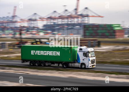 Container truck, bringing containers to Euromax Container Terminal, the seaport of Rotterdam, the Netherlands, deep sea port Maasvlakte 2, on a man-ma Stock Photo