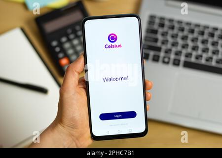Kyiv, Ukraine - Mar. 20th, 2023: Celsius phone app, cryptocurrency wallet. Stock Photo
