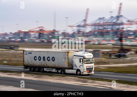 Container truck, bringing containers from Euromax Container Terminal, the seaport of Rotterdam, the Netherlands, deep sea port Maasvlakte 2, on a man- Stock Photo