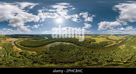 360 degree panoramic view of aerial full seamless spherical hdri 360 panorama view over meandering river and forest in sunny summer day and windy weather with beautiful clouds in