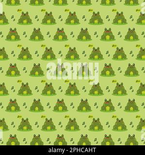 Green Pattern With Cute Singing Frogs Or Toads With Musical Notes. Vector Illustration In Flat Style Stock Vector
