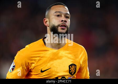 Rotterdam, Netherlands. 27th Mar, 2023. ROTTERDAM, NETHERLANDS - MARCH 27: Memphis Depay of the Netherlands during the UEFA EURO 2024 Qualifying Round Group B match between Netherlands and Gibraltar at Stadion Feijenoord on March 27, 2023 in Rotterdam, Netherlands (Photo by Peter Lous/Orange Pictures) Credit: Orange Pics BV/Alamy Live News Stock Photo