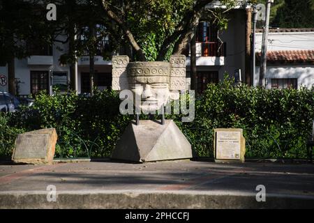 January 22, 2023, Sopo, Cundinamarca, Colombia: Sculpture in honor of pre-Hispanic peoples in the main square of the town, Tibas Square. Stock Photo