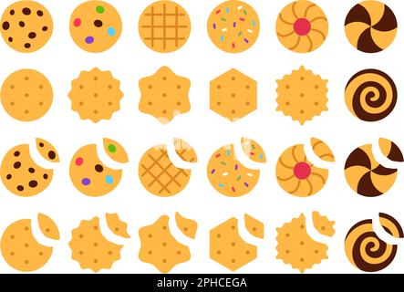Cookies. Set of flat vector food icons isolated on white background. Tasty baked broken biscuits collection design. Traditional crispy treat. Oatmeal Stock Vector